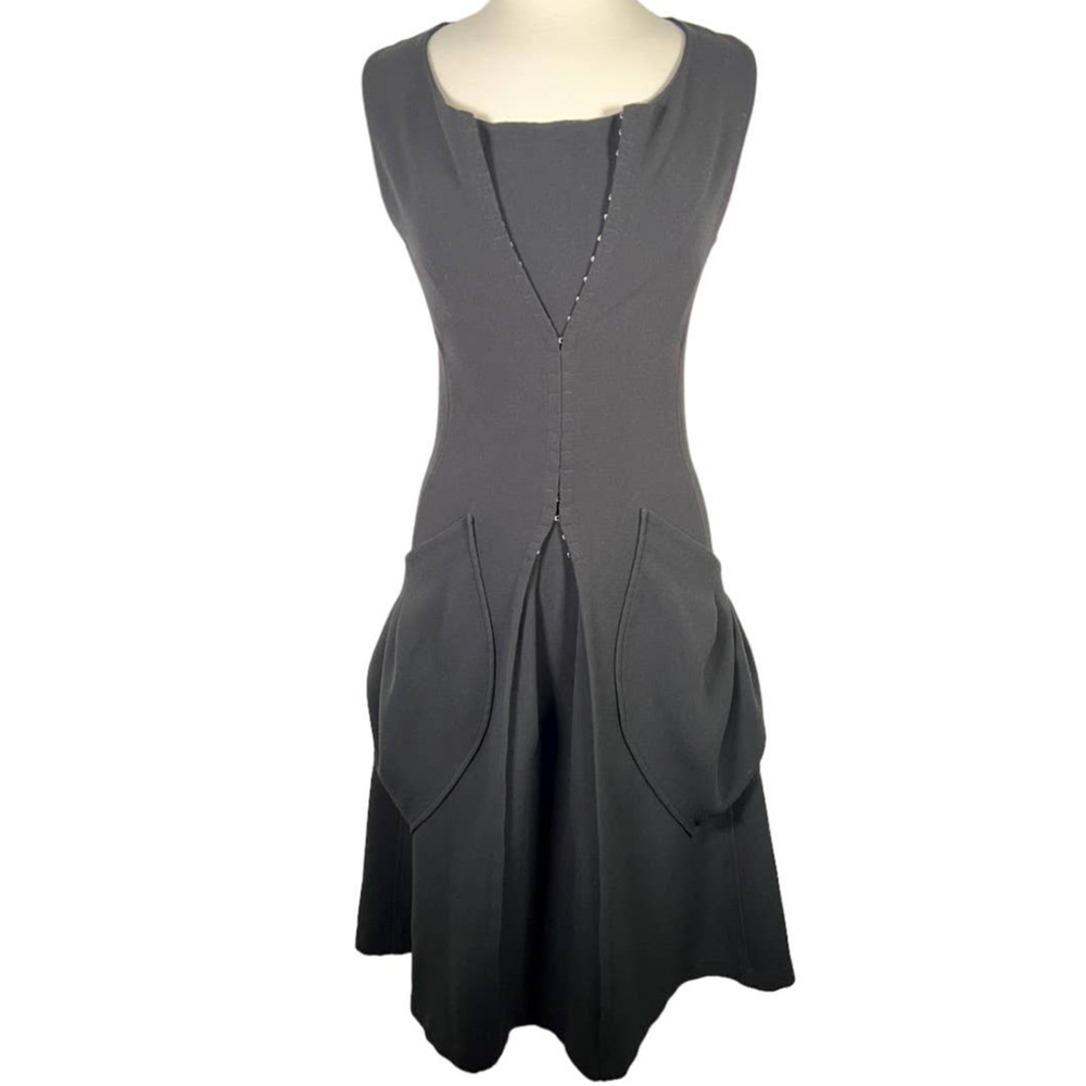 LS Women's Hook And Eye Sleeveless Dress S Black Oversized Pockets Lined EUC!